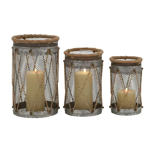 DecMode Set of 3 Holder Silver Metal Decorative Candle Holders/Lanterns.