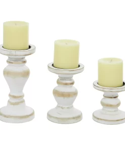 DecMode Farmhouse White Washed Wooden Curved Pillar Candle Holders Set of 3