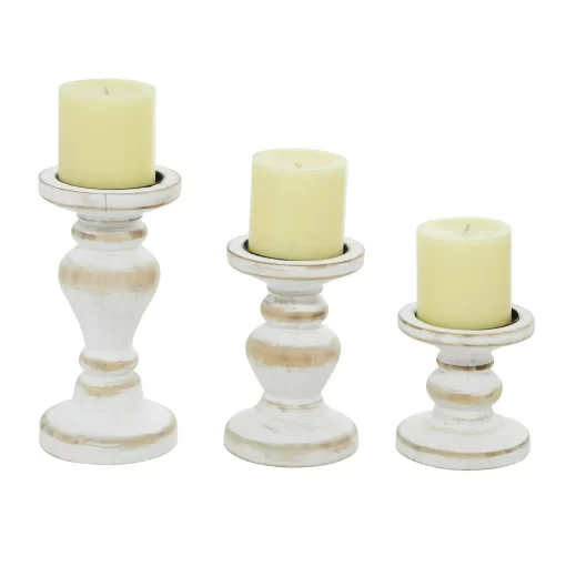 DecMode Farmhouse White Washed Wooden Curved Pillar Candle Holders Set of 3