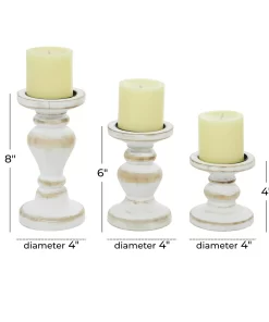 DecMode Farmhouse White Washed Wooden Curved Pillar Candle Holders Set of 3