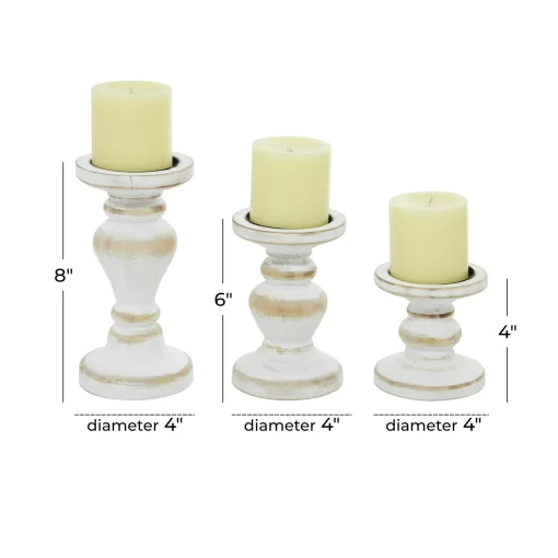 DecMode Farmhouse White Washed Wooden Curved Pillar Candle Holders Set of 3