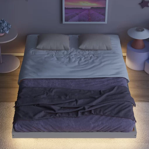 Grey, Full Size Floating Bed with LED Lights