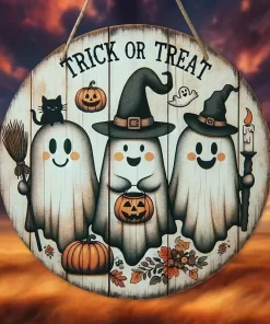 Wooden Halloween Three Cute Ghost Broom Spoof Pumpkin