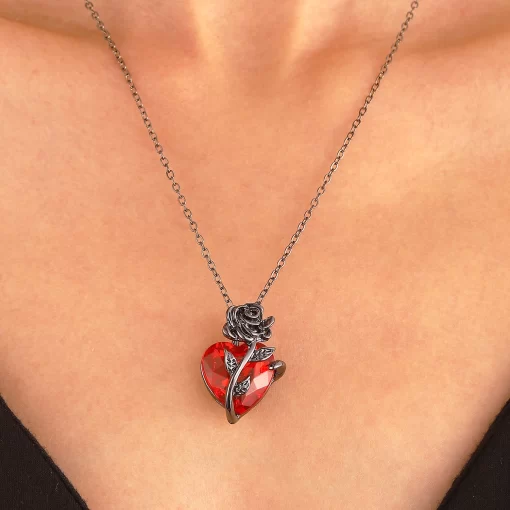 Gothic Heart Pendant Necklace with Rose.