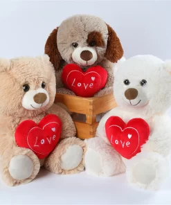 Brown Bear, White Bear and Brown Pupp with Patch on eye, each has a I love You Heart. 25 CM.