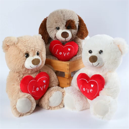 Brown Bear, White Bear and Brown Pupp with Patch on eye, each has a I love You Heart. 25 CM.